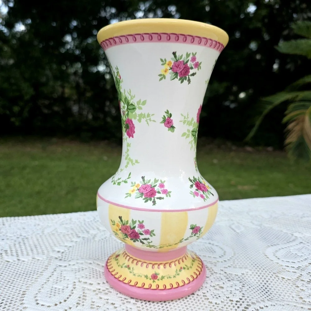 Laura Ashley Vase Cottagecore Pink Striped Shabby Chic Floral 9